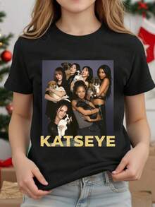 KATSEYE Girl Group Portrait Print Tee, K-Pop Korean Style Crew Neck Cotton Short Sleeve T-Shirt, Washable Durable Casual Youth Daily Streetwear Top - 黑色 - 查看 2