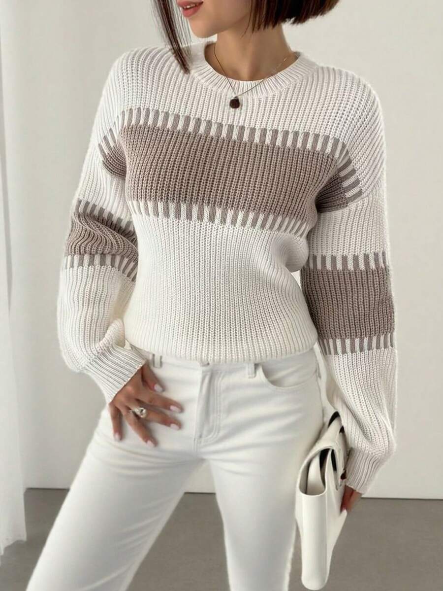 Women's Casual Contrast Color Pullover Knit Sweater, Long Sleeve - Beige - View 1