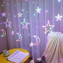 1 Piece Of Starry Moon Curtain Light, Holiday LED Window String Light -3.5m/137.8inch, 8-Mode USB Power Supply, Warm And Colorful, Suitable For New Year's, Festival Celebrations, Parties And Dinners. Gift Creativity, Including Star And Moon Design, Including New Moon And Stars - Suitable For Bedroom Decoration, Party Embellishment Or Gifts - Always On Mode Autumn Lighting - 彩色 - 查看 9