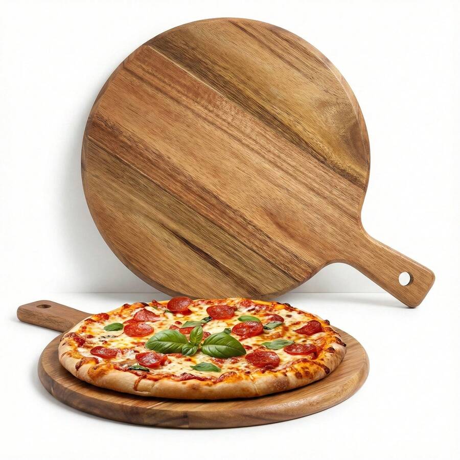 12 Inch Acacia Wood Pizza Peel, Round Wooden Pizza Paddle With Handle, Multipurpose Serving Tray & Charcuterie Board For Baking, Bread, Cheese - Brown - View 1