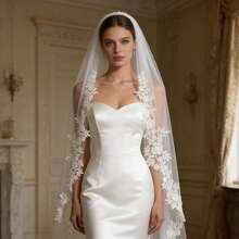 1pc 1 Meter Long Lace Applique Bridal Veil, Single Layer, With Metal Hair Comb, Elegant Minimalist, Suitable For Women's Wedding Dress Accessory Valentine's Day Accessories - 白色 - 查看 9