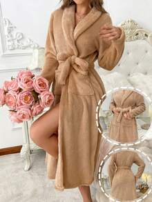 1 pieza Bata de kimono de mujer de unicolor acanalado, bata de baño minimalista con cinturón, para primavera/otoño/invierno,BATA DE BAÑO UNISEX AMPLIA Y LARGA EXCELENTE ABSORCIÓN TELA MICROTOALLA (ALGODÓN CON MICROFIBRA) - Marrón - Ver 1