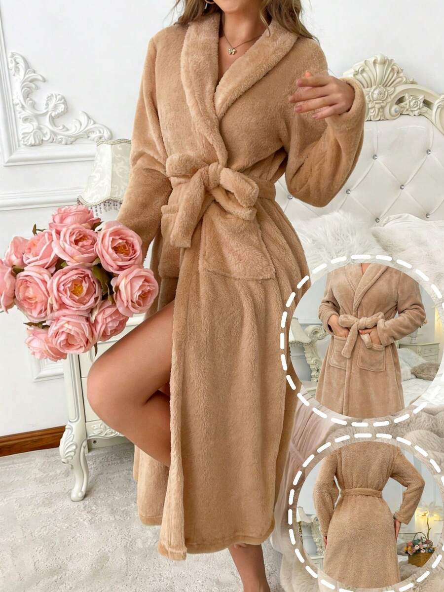 1 pieza Bata de kimono de mujer de unicolor acanalado, bata de baño minimalista con cinturón, para primavera/otoño/invierno,BATA DE BAÑO UNISEX AMPLIA Y LARGA EXCELENTE ABSORCIÓN TELA MICROTOALLA (ALGODÓN CON MICROFIBRA) - Marrón - Ver 1