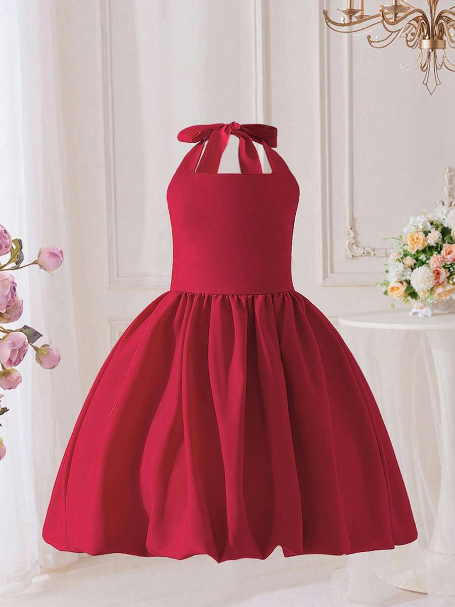 少女时尚露背吊带伴娘礼服，适合婚礼、派对、选美、毕业舞会、舞会、花童生日派对等场合 - 酒紅色 - 查看 1