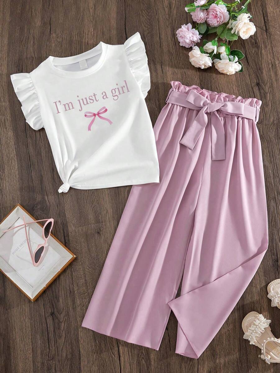 Girls Letter Print Short Sleeve T-Shirt And Pants Set - Purple - View 1