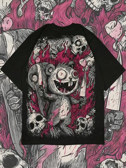 男士夏季运动深色印花圆领短袖T恤，休闲短袖