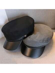 1pc Black Korean-Style Autumn/Winter Beret Hat For Women, Casual And Versatile, British Style Vintage Flat Top Baseball Cap - Multicolor - View 5