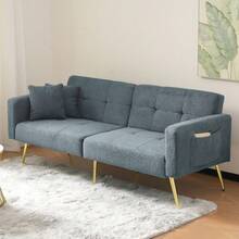 Convertible Sherpa Sofa Bed With Adjustable Backrest, Gold Metal Legs And Side Pockets - Blue + Foam + 2 Seat - View 11