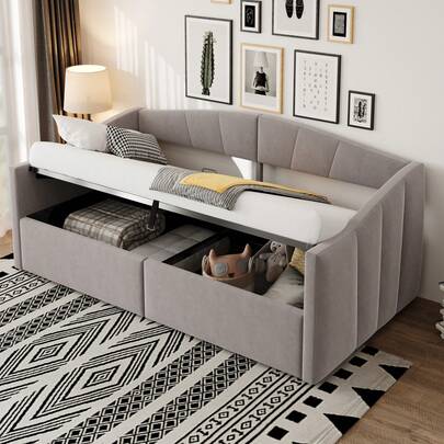 Sofá-cama estofado de 90 x 200 cm, com suspensão hidráulica, base e braços ripados, padrão clássico de listras, cama de solteiro multifuncional, estofamento em veludo macio ao toque, cinza claro