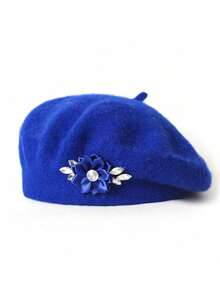 Boina feminina de lã com flor de strass, cor sólida, modelo casual e versátil (1 unidade). - Multicolorido - Ver 21