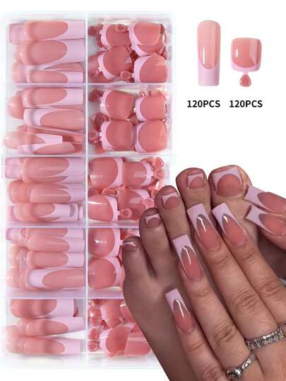 240(2mixed) Rectangular Minimalist Pink French Press On Fake Nails & Toenail To Enhance Your Style, Suitable For DIY Fake Nails For Women And Girls