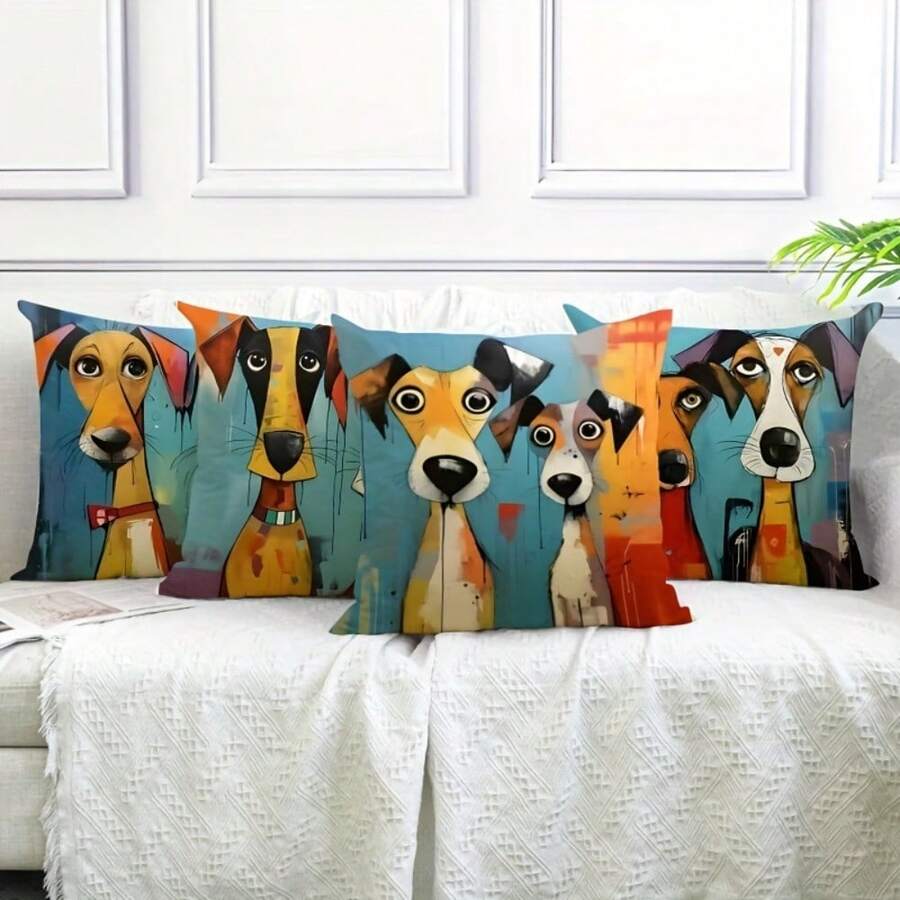 4 fețe de pernă decorative cu imprimeu vintage colorat cu câini - 45x45 cm, imprimare pe o singură față, 100% poliester, închidere cu fermoar și lavabilă la mașină, decor pentru sufragerie, dormitor și canapea (fără inserții) - Multicolor - Vizualizare 1
