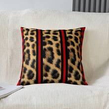 1 pieza Funda de almohada de 18x18 pulgadas con estampado de leopardo y guepardo, diseño de rayas geométricas rojas, funda de cojín de poliéster de un solo lado para decoración del hogar, lavable a máquina - estilo1 - Ver 2