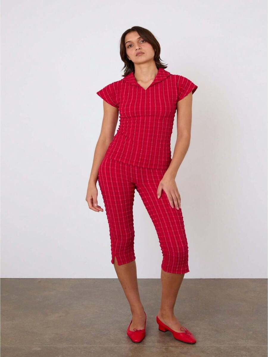 Women Capri Pants, Elastic Waist 3/4 Length Pants Plaid Cropped Pants For Casual Daily - 紅色 - 查看 1