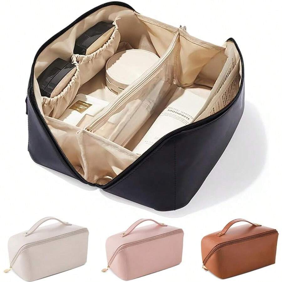 Bolsa de Cosméticos de Viaje de Gran CapacidadCosmetiquera de Piel para Mujeres Neceser de Viaje Impermeable Bolsa de Cosméticos Multifuncional para Mujer con Asas y Compartimentos PU Negro - PUNegro - Ver 1