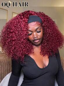 OQ Perruque frisée bouclée kinky de couleur bordeaux 99J, pré-coiffée, avec sangle InvisiFit, couches bouclées, perruque demi-tête à porter facilement, densité de 180%, longueur de 16 à 26 pouces, ligne de cheveux pré-épilée, cheveux vierges non traités, perruque de Noël, perruque Y2K - S99J - Voir 1