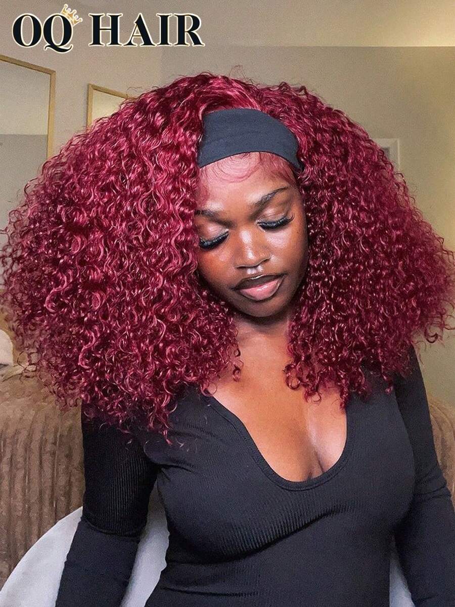 OQ Perruque frisée bouclée kinky de couleur bordeaux 99J, pré-coiffée, avec sangle InvisiFit, couches bouclées, perruque demi-tête à porter facilement, densité de 180%, longueur de 16 à 26 pouces, ligne de cheveux pré-épilée, cheveux vierges non traités, perruque de Noël, perruque Y2K - S99J - Voir 1