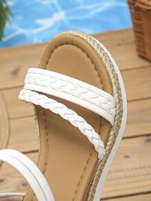 1双少女米色厚底凉鞋，圆头厚底时尚凉鞋，夏季舒适轻便编织绳童鞋，适合上学和日常穿着 - 白色 - 查看 8