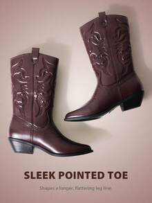 Women's Embroidered Cowgirl Boots For Outdoor Music Festival Black White Brown Mid-Calf Pull-On Block Heel - 巧克力棕 - 查看 4