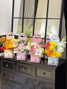 4个/1个便携式花盒，花束包装盒，鲜花包装用品，带提手花束礼品袋，礼品袋，用于存放鲜花礼品，适用于母亲节、情人节、婚礼、婴儿派对、生日派对装饰 - 彩色 - 查看 1