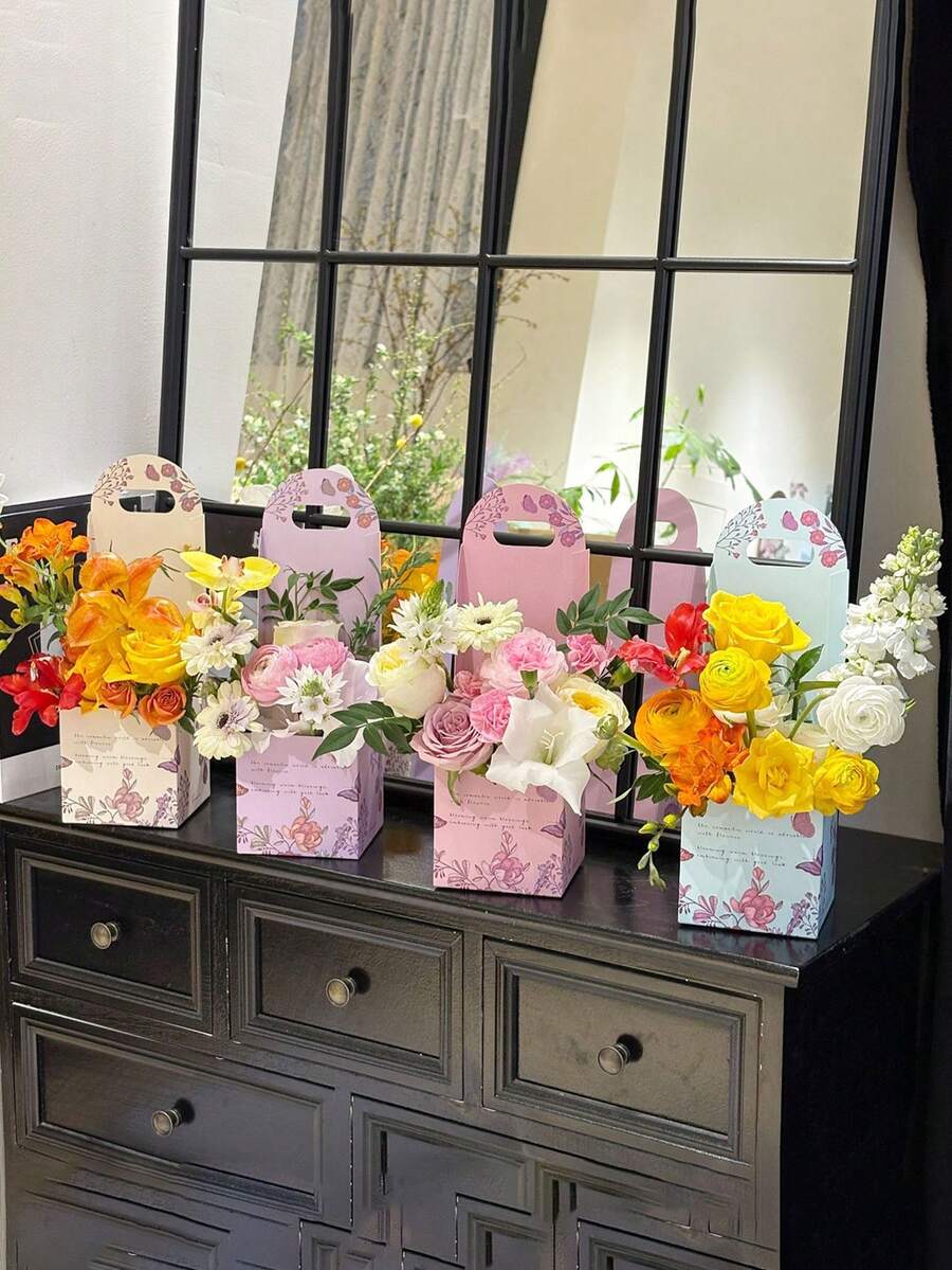 4个/1个便携式花盒,花束包装盒,鲜花包装用品,带提手花束礼品袋,礼品袋,用于存放鲜花礼品,适用于母亲节、情人节、婚礼、婴儿派对、生日派对装饰 - 彩色 - 查看 1