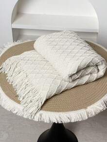 1 Diamond Grid Textured Knit Throw Blanket, Soft And Comfortable, Suitable For All Seasons, Suitable For Sofa, End Of Bed, Travel, Home Decor - Mixed Color Geometric Pattern, Acrylic Fabric - Tua rua, họa tiết caro nhỏ màu be - Xem 1