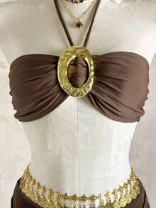 2026 New European & American Style Deep Brown Bandeau Metal Ring Crop Top + Mesh High Waist Maxi Skirt Sexy Vacation 2-Piece Set For Women - Brown - View 9