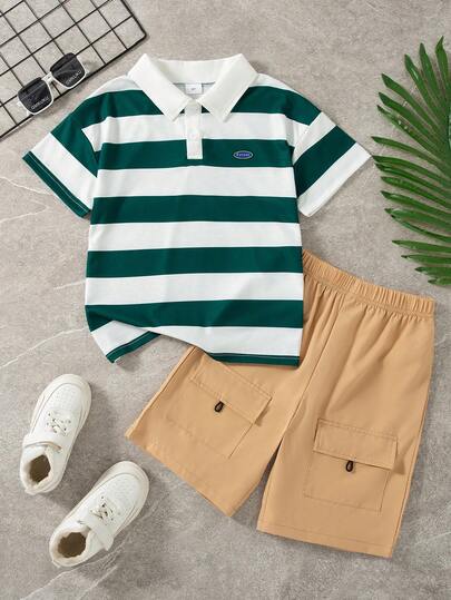 2pcs/Set Boys' Casual Striped Polo Shirt With Button Decor Lapel Design Dropped Shoulder Short Sleeve Top And Solid Color Pocket Decorated Shorts, Summer