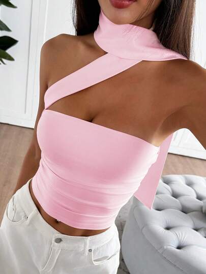 Women's Spring/Summer Vacation Knit Fabric Bandeau Crop Top, Adjustable Neck Tie, Suitable For Afternoon Tea, Street, Vacation, Layering, Party, Date, Valentine's Day, Easter, Carnival, Beach, Cruise Resort, City Road Trip Vacation, New Year Party Outfit, Casual Outerwear