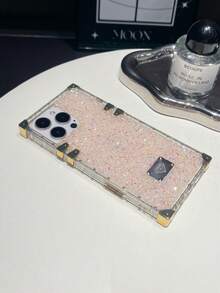 1pc Black Rhinestone Shockproof Bling Electroplated Square Phone Case Compatible With IPhone 17/16 Pro Max/13/14 - Pink - View 3