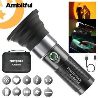  Lampe de poche Ambitful 10W, lampe de projection 4 couleurs, batterie rechargeable intégrée 8400 mAh, puissance maximale jusqu'à 4 heures