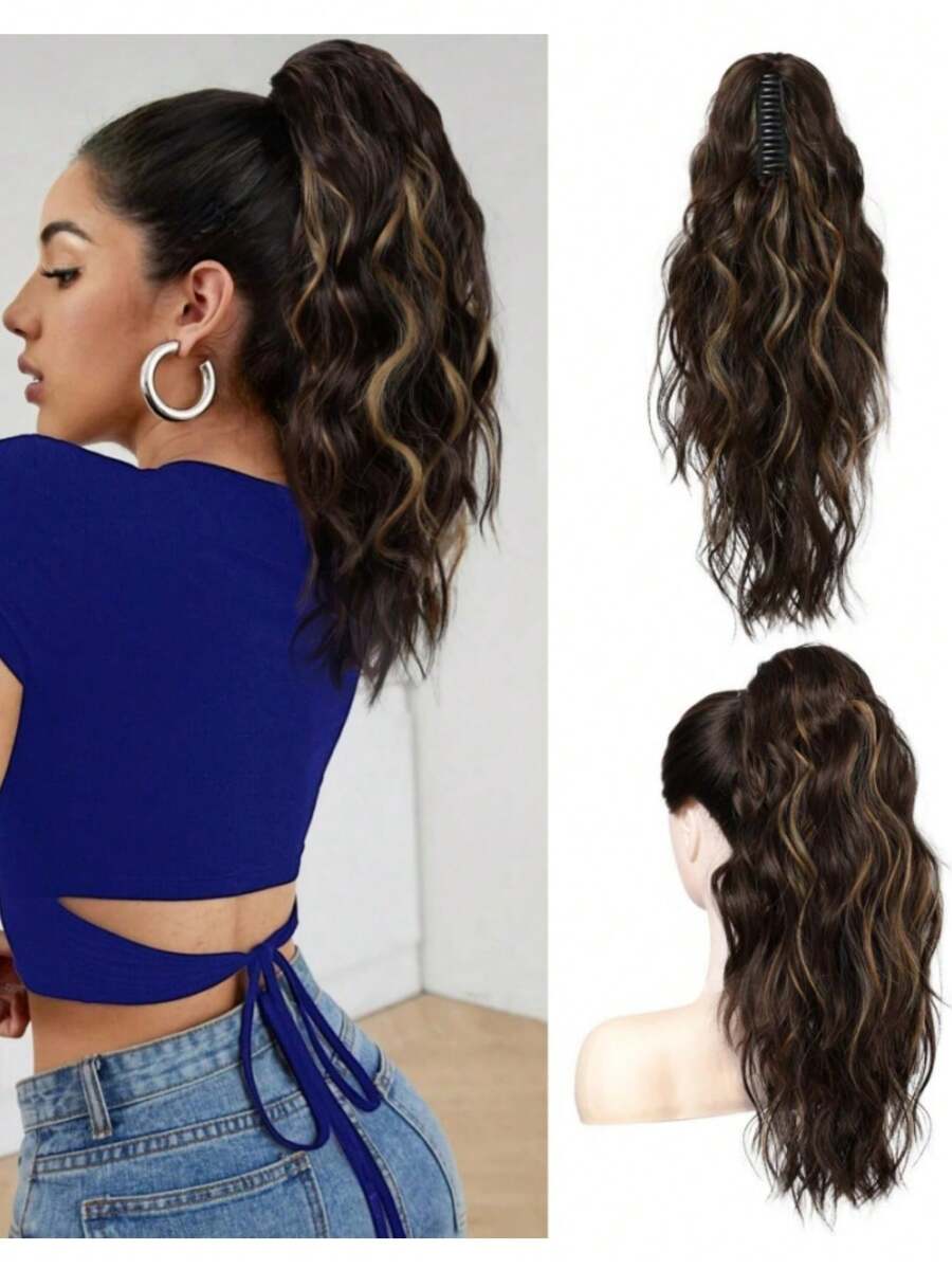 1pc 16-Inch Claw Clip-In Ponytail Extension, Wavy Curly Claw Clip Ponytail Extension, Natural Looking Synthetic Ponytail Hair Piece, For Women