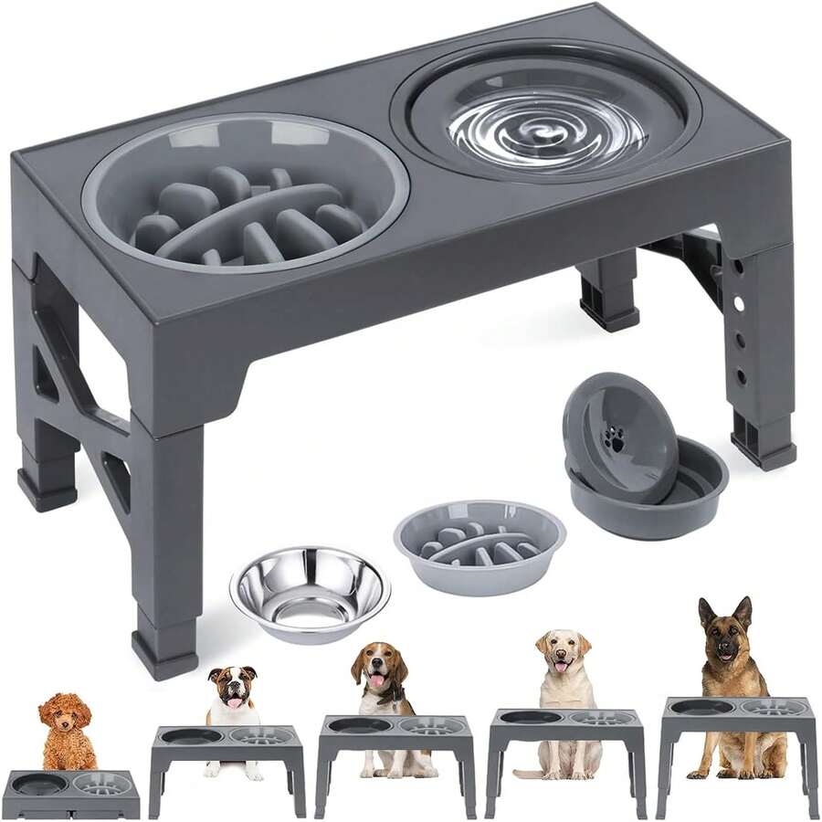 SHIXIONG Cuencos elevados para Perros,Comedero Elevado para Perros con comedero Lento,Plegable,5 Alturas Ajustables,Comederos para Perros pequeño, Mediano y grande, Gatos, Todo Tipo de Mascotas - 1L - Ver 1
