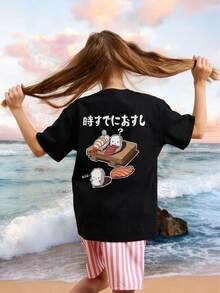 1 件女童可爱寿司印花短袖 T 恤，学生和青少年舒适时尚夏季上衣 - 黑色 - 查看 2