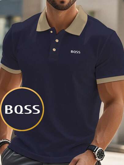 Classic BOSS Letter Print Lapel Men's Polo Shirt For Fitness, Durable, Stretchy, Breathable Short Sleeved All Year Round, Suitable For Outdoor Leisure And Comfort