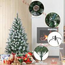 Árbol de Navidad artificial preiluminado de 1,8 m con luces blancas cálidas, impermeable, flocado, delgado, para decoración navideña en interiores y exteriores, ramas realistas, bajo consumo, incluye soporte resistente. - Verde - Ver 4