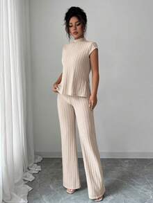 女士简约休闲两件套，罗纹面料女士日常居家休闲裤两件套 - 淺杏色 - 查看 7