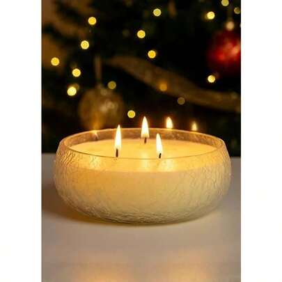 3 Wick Crackle Glass Christmas Candle Large 15cm Unscented White Candle Crystal Decorative Glass Bowl Table Centrepiece Christmas Candle Autumn Gifts Festive Home Decor Living Room Decor