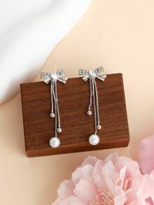1 Pair Fashionable Romantic Rhinestone Heart & Bow Tassel Dangle Earrings For Women, Suitable For Valentine's Day & Daily Wear - Bow Tassel Earrings - View 3