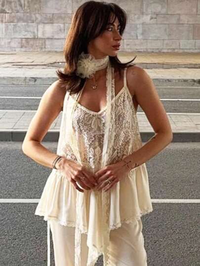 Solstice Apparel Beige Lace Patchwork Cami Top, V-Neck Irregular Hem Top, French Retro Style, Perfect For Daily Commute, Outings & Vacations, Spring Summer Versatile Shirt