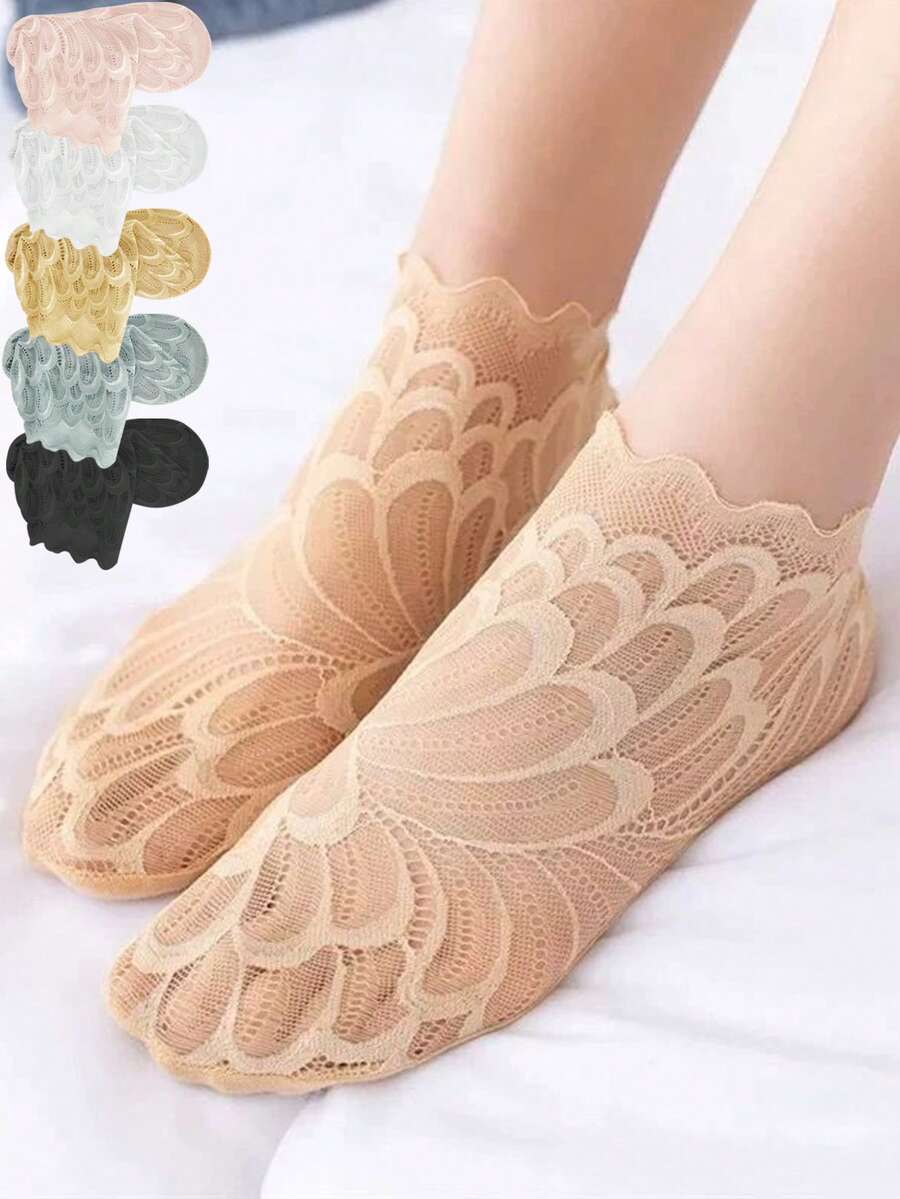 5 Pairs Fashion Feather Lace Ankle Socks Women Breathable Socks Non Slip Summer Invisible Sheer Mesh Solid Color Casual Socks - Multicolor - View 1