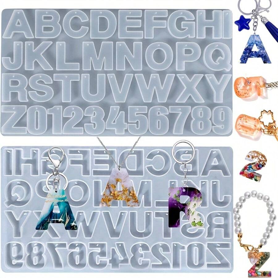 1/13 piezas Molde de silicona grande con agujero, molde de silicona con letras y números invertidos, adecuado para fundición de resina epoxi, llaveros, colgantes de joyería y manualidades DIY - Multicolor - Ver 1