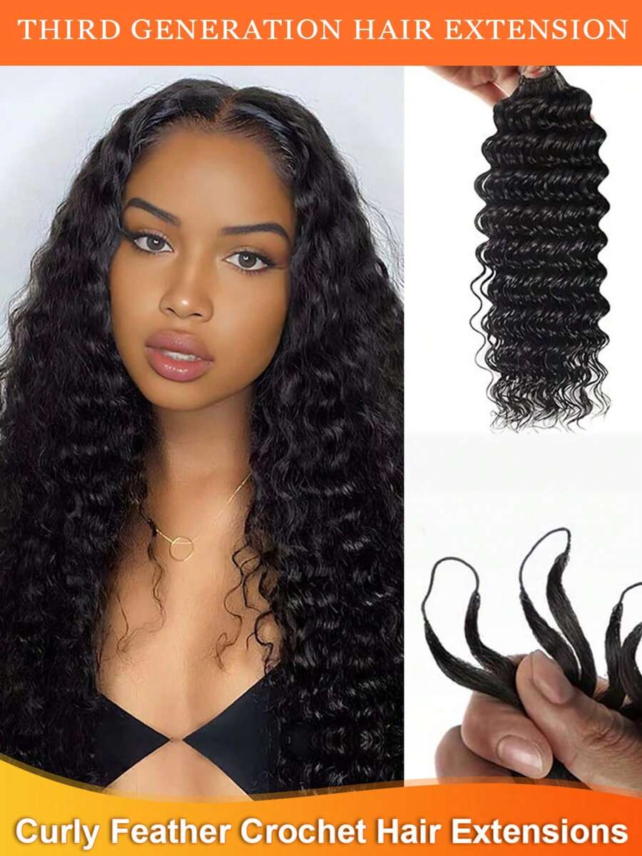 50g Pack Of Deep Curly Human Hair For Crochet Braids, 100% Real Hair, Feather Yarn Crochet Braids, Salon-Grade Silky Seamless Invisible Natural Color, Suitable For Women With Thin Hair, Pre-Looped Real Human Hair Extensions - Natural Black - View 1