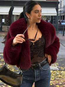 Camellia New Autumn/Winter Faux Fox Fur Collar Fashionable Short Jacket, Youthful Artificial Fur Coat - Burgundy - View 3