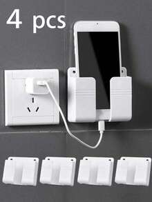 4pcs White Wall Mounted Phone Holder, Remote Control Holder With Charging Port, Wall Storage Box, Wall Shelf - White - View 8