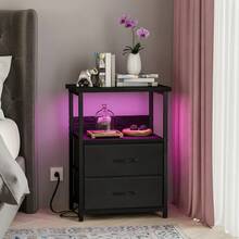 Tomnk Nightstand With Charging Station, LED Light, USB Ports & Outlets - Includes 2 Fabric Storage Drawers With PU Finish In Black / White / Rustic Brown - 查看 1