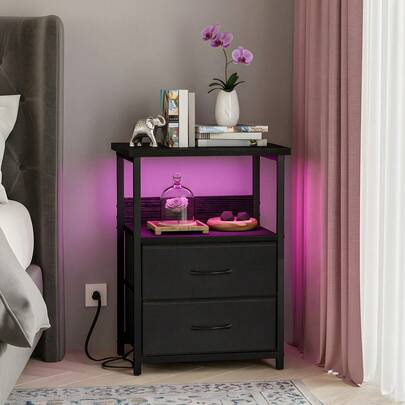 Tomnk Nightstand With Charging Station, LED Light, USB Ports & Outlets - Includes 2 Fabric Storage Drawers With PU Finish In Black / White / Rustic Brown