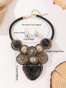 夸张的多层树脂吊坠，手工铝线编织串珠项链和耳环套装，时尚复古波西米亚风格，适合派对、婚礼、节日等场合。 - 黑色 - 查看 2