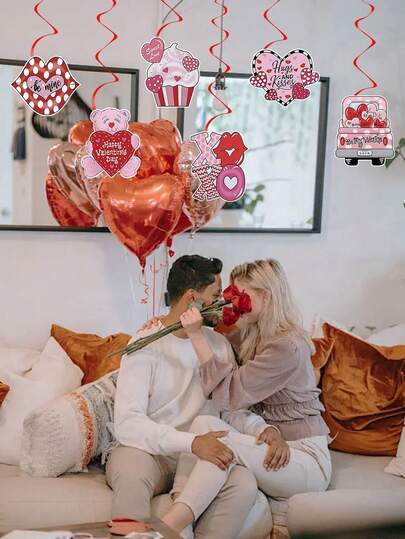 Valentine's Day Party Decorations, Valentine Hanging Swirls Honeycomb Decoration Cake Toppers Red Pink Lip Cake Little Bear For Happy Valentines Day Wedding Anniversary Theme Party Supplies