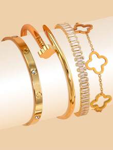 4pcs Set Fashionable Luxury Four-Leaf Clover Pattern Nail Design Bracelet, Square Zirconia Stainless Steel Bangle Set, Suitable For Women's Daily Wear - Bracelet - View 1